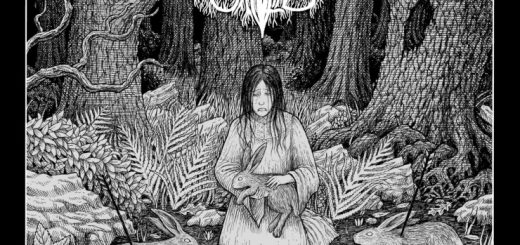 Albumcover von Epitaph von And Now The Owls Are Smiling: Eine holzschnittartige Szene im Wald. Ein weinendes Mädchen hält einen toten Hasen im Arm. Links und rechts liegen tote Hasen mit Pfeilen in ihren Körpern. Die Szene nimmt in ihrer Gestaltung Bezug auf Märchendarstellungen.