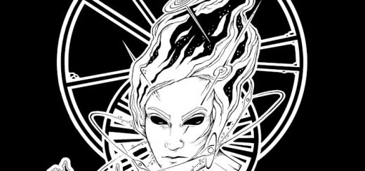 Albumcover von Chaos Rising: The Singles. Eine Schwarz-Weiß-Zeichung mit dem Schriftzug und einem medusenhaften Kopf.