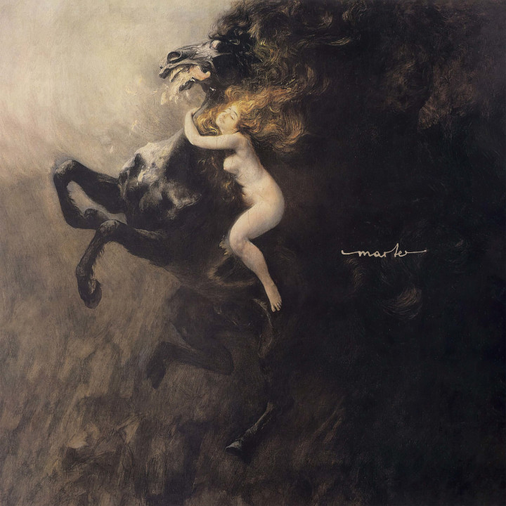 Albumcover von "Marter" von Firtan zeigt im Stil eines Ölgemäldes ein schwarzes Pferd mit schmerzverzerrtem Gesicht, das eine nackte Frau liebkost.
