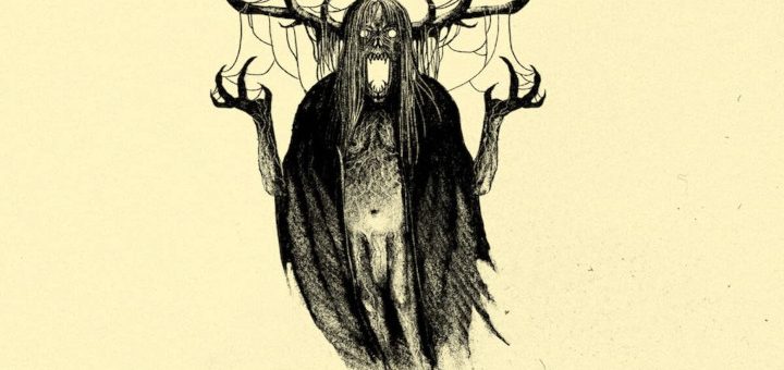 "Angstskríg" von Angstskríg: Das Cover zeigt eine gezeichnete, schwebende, damönen- oder geisterhafte Gestalt mit Hörnern und Krallen.