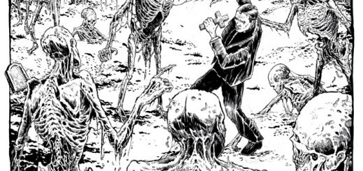 Das Albumcover von "Moribound" von Eternal Rot zeigt eine Schwarz-Weiß-Zeichnung auf der ein Mann in schwarzem Anruf von verwesenden Skeletten auf einem Friedhof angegriffen wird. Der Mann hält ein Kreuz in der Hand und versucht sich mit der anderen Hand zu wehren.