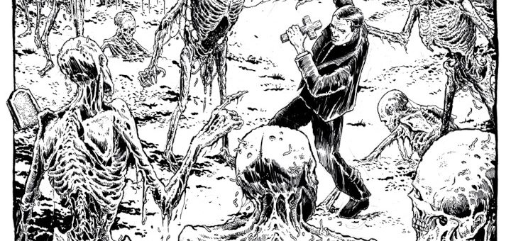 Das Albumcover von "Moribound" von Eternal Rot zeigt eine Schwarz-Weiß-Zeichnung auf der ein Mann in schwarzem Anruf von verwesenden Skeletten auf einem Friedhof angegriffen wird. Der Mann hält ein Kreuz in der Hand und versucht sich mit der anderen Hand zu wehren.