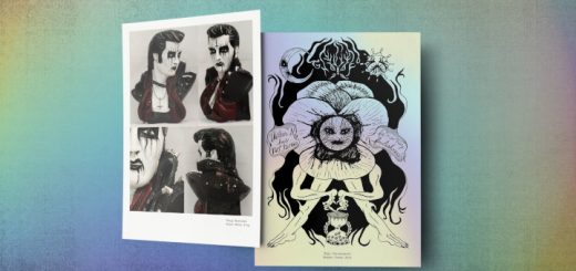 Kunstwerke aus dem Projekt Black Metal Rainbows: Links Elvis-Presley-Büsten mit Corpse Painting in vier Detailaufnahmen. Rechts eine Zeichnung mit vielfältiger Symbolik.