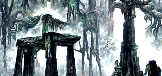 Das Albumcover "Streams of Rot" von Formless Oedon zeigt in einer Zeichnung eine Art Dschungellandschaft mit Kultstätten im Vordergrund. Der Hintergrund des Bildes verschwimmt nach und nach im Nebel.