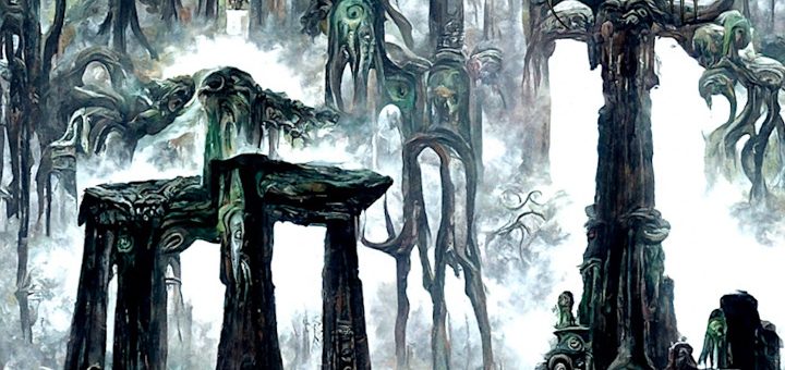 Das Albumcover "Streams of Rot" von Formless Oedon zeigt in einer Zeichnung eine Art Dschungellandschaft mit Kultstätten im Vordergrund. Der Hintergrund des Bildes verschwimmt nach und nach im Nebel.