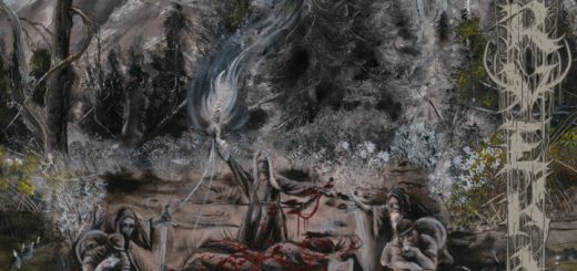 Das Albumcover von "Woven Dark Paths" von Sarvekas zeigt eine Zeichnung einer frühmittelalterlichen Szenerie einer Beschwörung oder eines Rituals auf einer Waldlichtung.