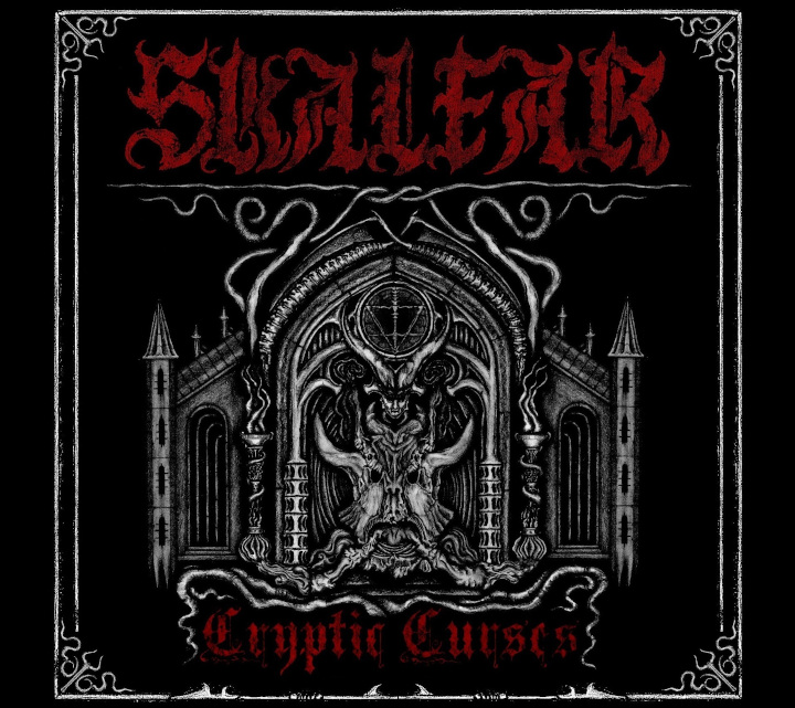 "Cryptic Curses" von Skalfar: Das Cover zeigt eine okkult wirkende Zeichnung eines kathedralenhaften Gebäudes mit einer teuflisch anmutenden Figur im Zentrum.