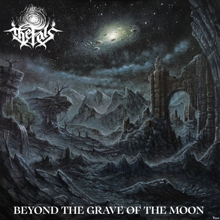 Das Albumcover von "Beyond The Grave Of The Moon" von The Fals zeigt eine gezeichnete, schroffe Berglandschaft mit toten Bäumen und dem steinernen Portal einer Ruine am rechten Bildrand.