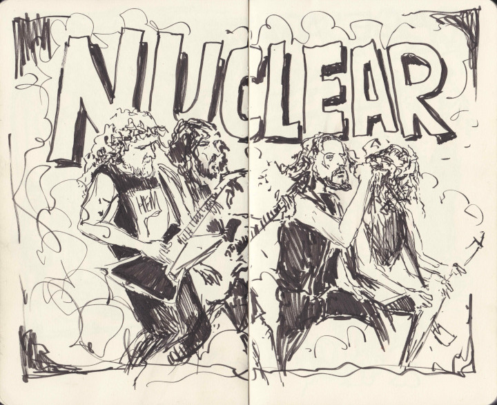 Nuclear auf der Bühne des Rage Against Racism Festivals als Schwarz-Weiß-Zeichnung von Christoph Heuer.