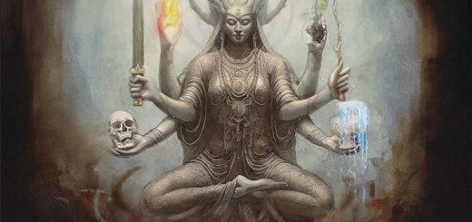 Das Cover von "Celestial Shrine" von WAIDELOTTE zeigt eine Figur, die in Teilen an die indische Gottheit Kali erinnert, aber mit weiteren Elementen anderer Kulturen und Religionen vereint ist.