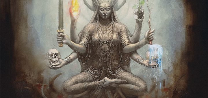 Das Cover von "Celestial Shrine" von WAIDELOTTE zeigt eine Figur, die in Teilen an die indische Gottheit Kali erinnert, aber mit weiteren Elementen anderer Kulturen und Religionen vereint ist.