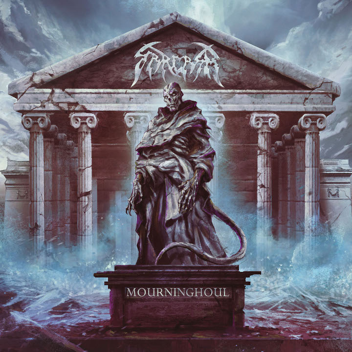 Das Album "Mourninghoul" von Sarcasm zeigt das steinerne Denkmal eines Ghouls vor einem antiken Tempel.