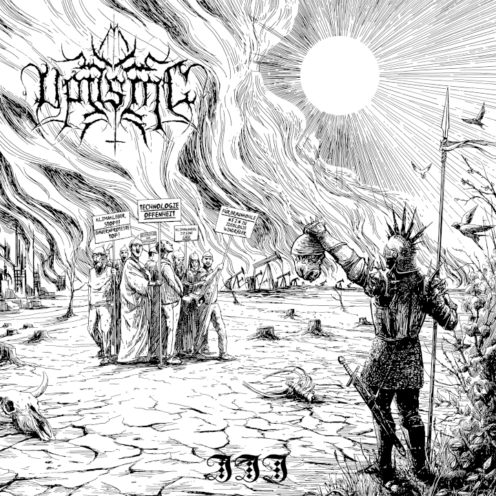 Das Albumcover "III" von Uprising ist eine schwarz-weiß Skizze, die mittelalterlichen Zeichnungen nachempfunden ist. Vorne rechts steht ein Ritter, der einen abgetrennten Kopf hochhält. In der Mitte des Bildes steht eine Gruppe mittelalterlich gekleiderter Menschen, die eine moderne Demo bilden und Schilder in die Höhe halten mit Divisen, die zum Zeitgeschehen passen.