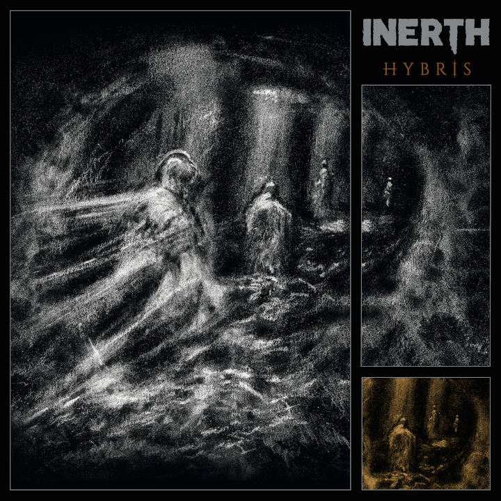 Das Albumcover von Hybris von INERTH zeigt eine Art Kohlezeichnung von schemenhaften Gestalten.