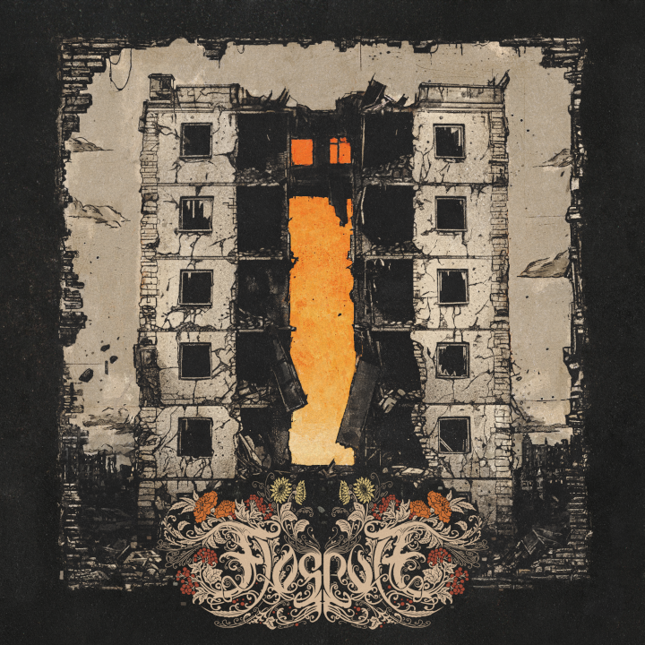 Das Albumcover "Ї" zeigt ein zerstörtes Gebäude als Zeichnung. Im unteren Bereich ist der Schriftzug der Band zu sehen.