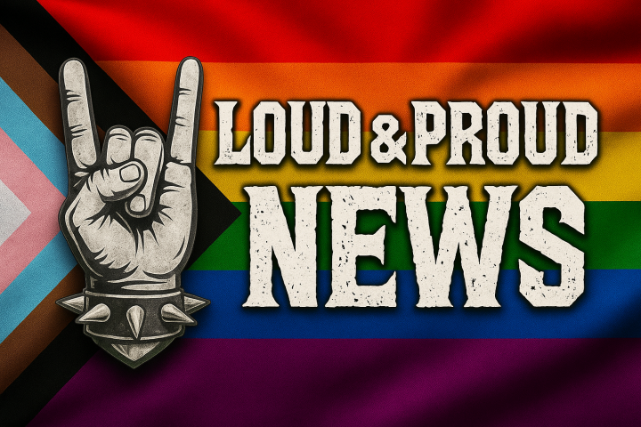 Eine Queerness-Flagge im Hintergrund mit einer stilisierten Hand, die das gehörnte Metal-Symbol mit den Fingern bildet, sowie der Text "Loud & Proud News".