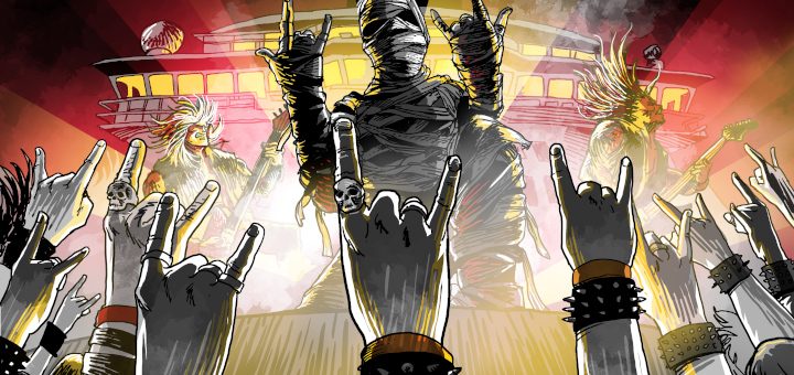 Zeichnung einer Mumie auf einer Bühne eines Festivalschiffs, die gehörte Hände ins Publikum zeigt, das die Geste erwidert.